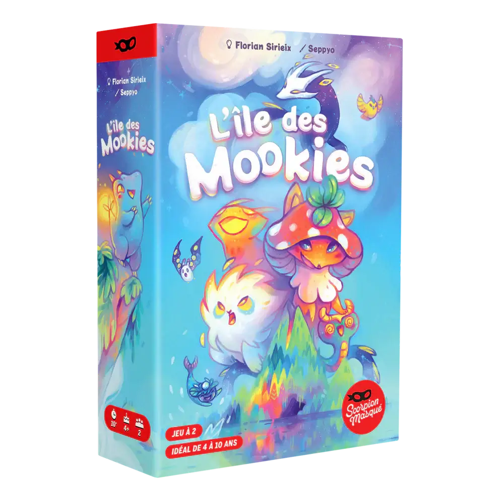 L'île des Mookies, un jeu de société pour 2 joueurs, avec des personnages colorés et ludiques sur la boîte.