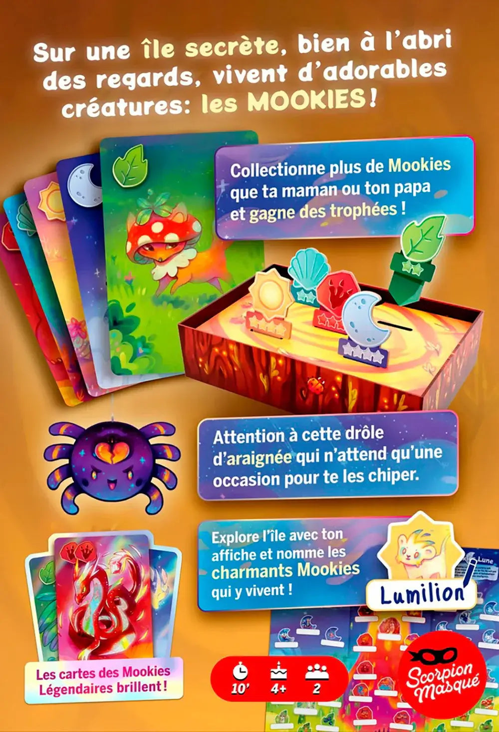 Jeux de société pour 2 joueurs sur la mystérieuse île des Mookies avec des cartes colorées et une araignée inattendue.