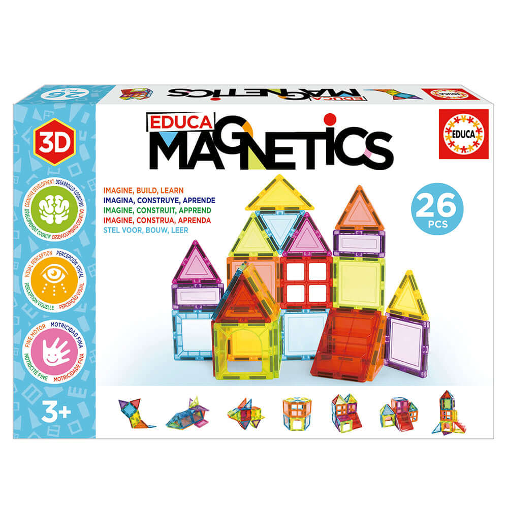 Boîte du jeu magnétique éducatif Educa Magnetics, 26 pièces pour créer des figures en 3D.