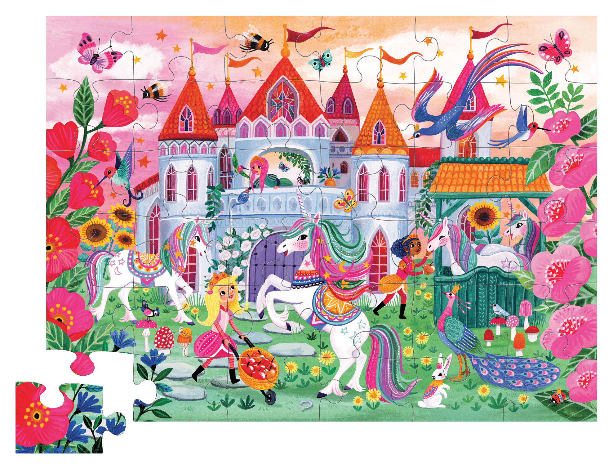 puzzle château licorne 36 pièces enfants illustration colorée avec des licornes et un château féerique