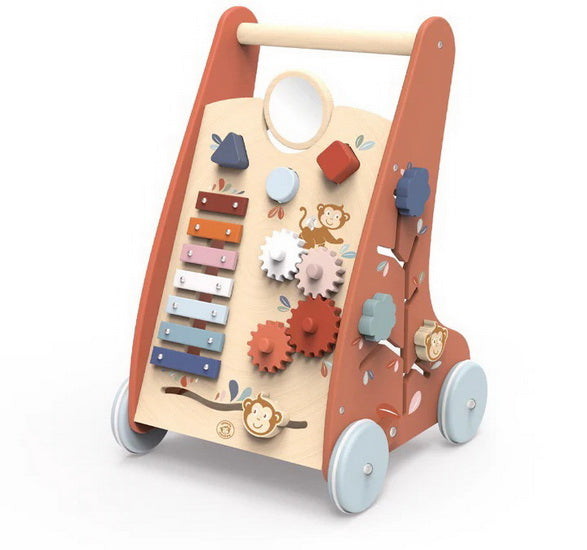 trotteur en bois multi-activités avec jouets d'apprentissage pour enfants, conçu pour améliorer la confiance et l'équilibre.