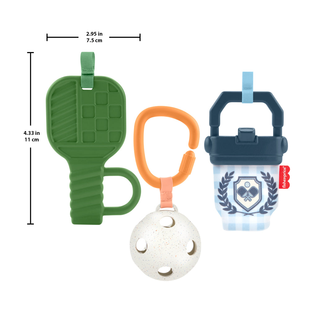 Coffret cadeau pickleball Fisher-Price avec jouets d'éveil colorés et amusants pour les bébés.