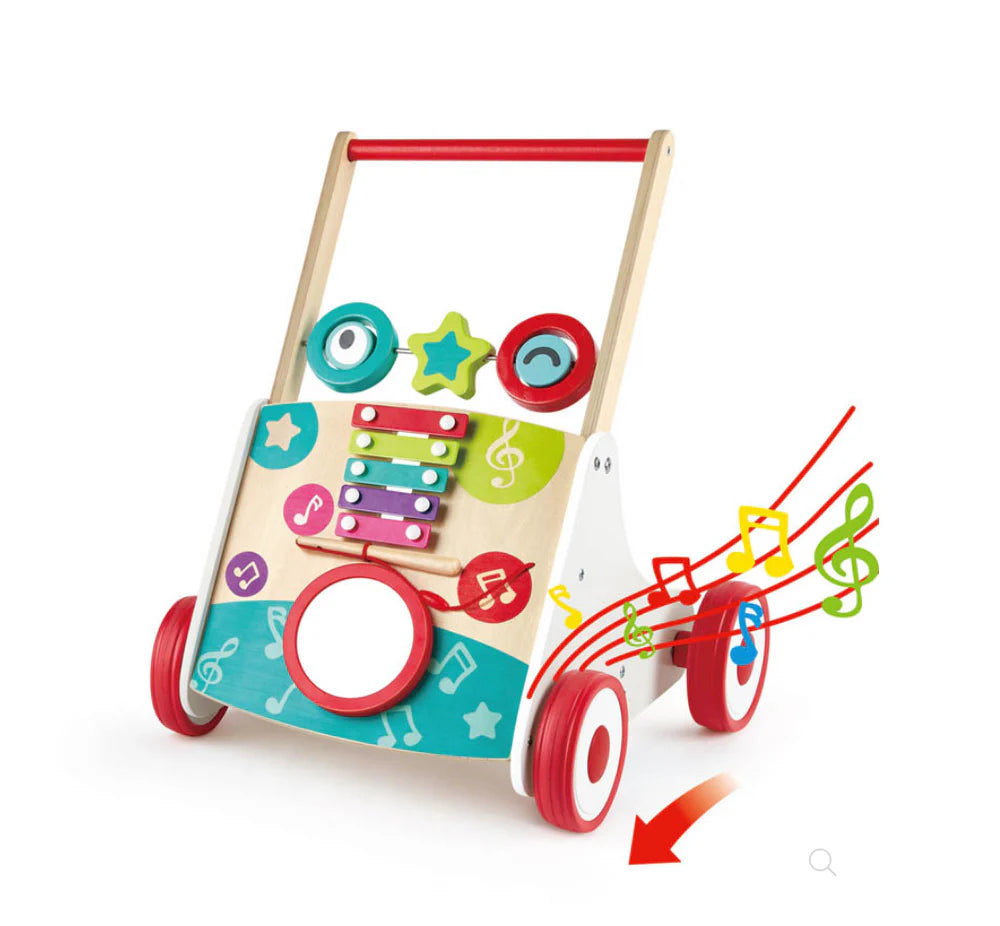 Trotteur musical pour bébé Hape avec éléments colorés et distinctifs, idéal pour les premiers pas.