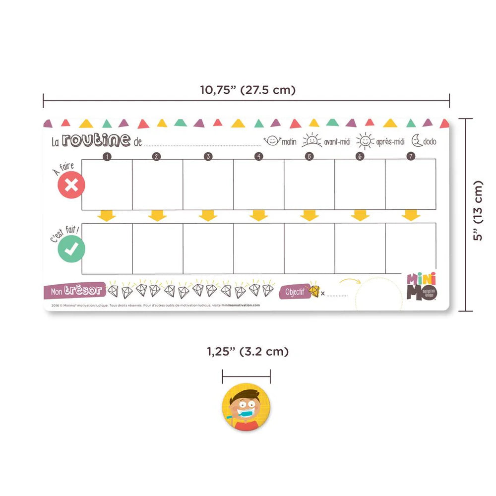 Tableau de routine quotidienne organisée avec sections pour les activités du matin, midi et soir.