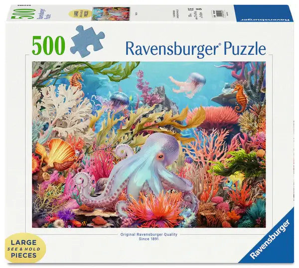Ravensburger- puzzle la vie au récif 500 pièces avec un poulpe et des coraux colorés.