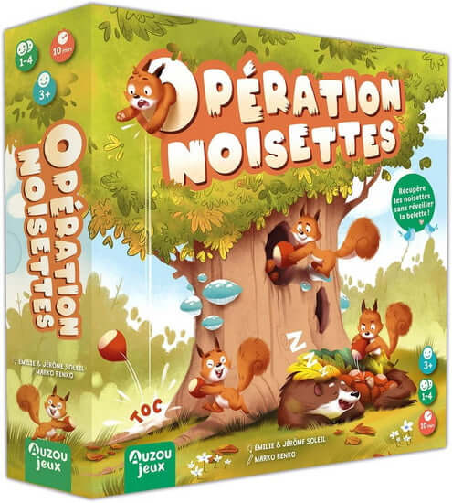 Opération Noisettes, jeu d'adresse écureuils noisettes, jeu pour 1 à 4 joueurs avec des écureuils et un arbre.