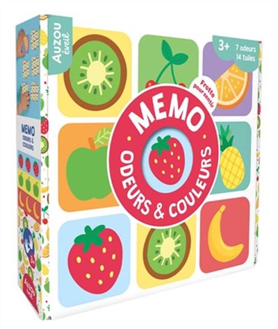 Boîte du jeu sensoriel odeurs et couleurs, incluant 14 tuiles illustrées et parfumées pour les enfants.
