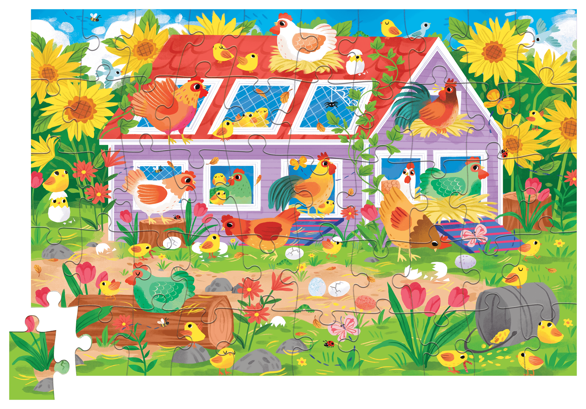 Puzzle poulailler 50 pièces représentant une ferme colorée avec des poules et des fleurs.