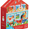 Puzzle poulailler 50 pièces dans une boîte en forme de maison avec des illustrations colorées de poules.