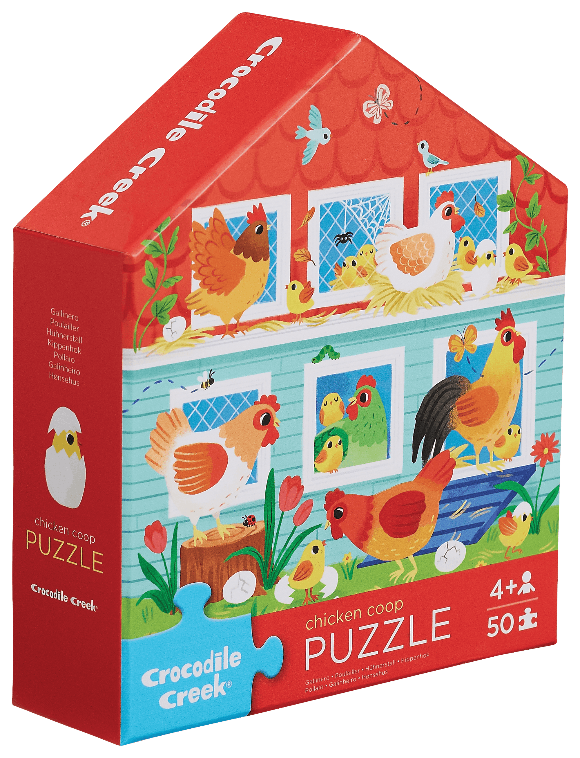 Puzzle poulailler 50 pièces dans une boîte en forme de maison avec des illustrations colorées de poules.