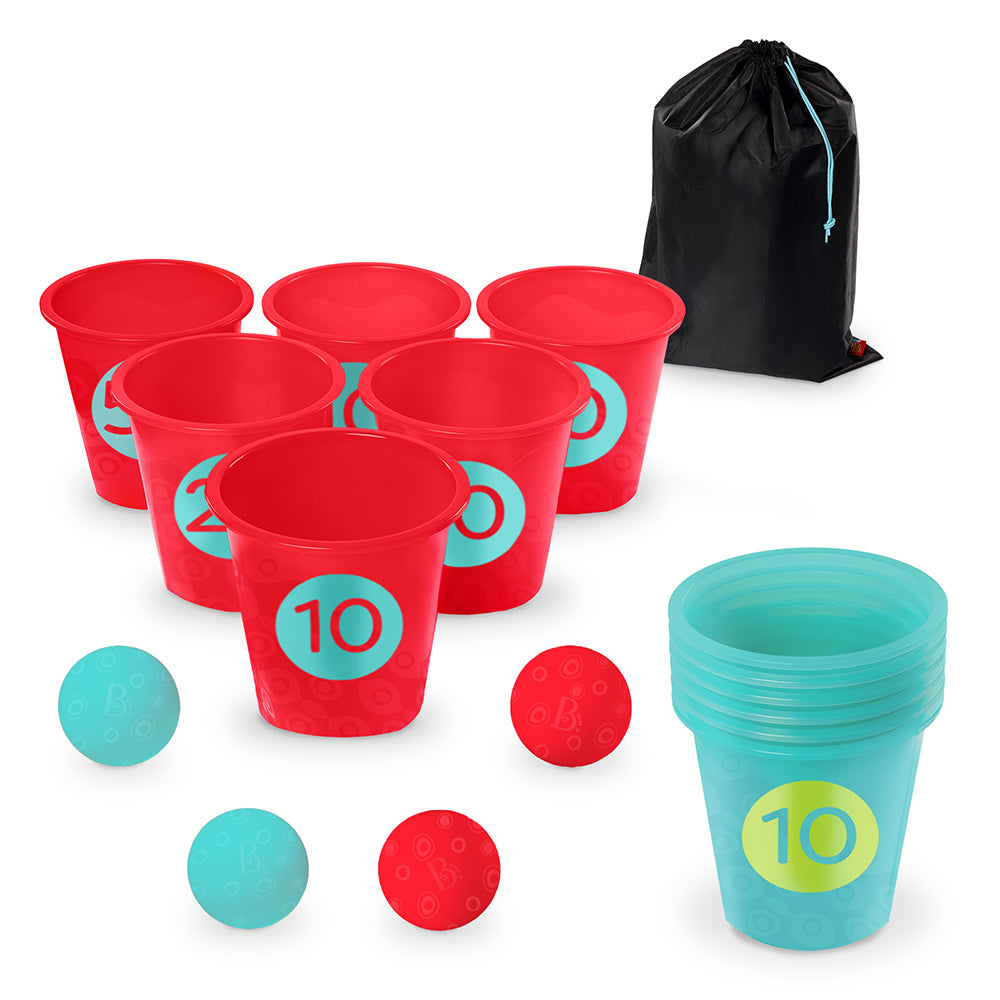 jeu de lancer seaux emboitables avec seaux colorés et balles pour un défi amusant