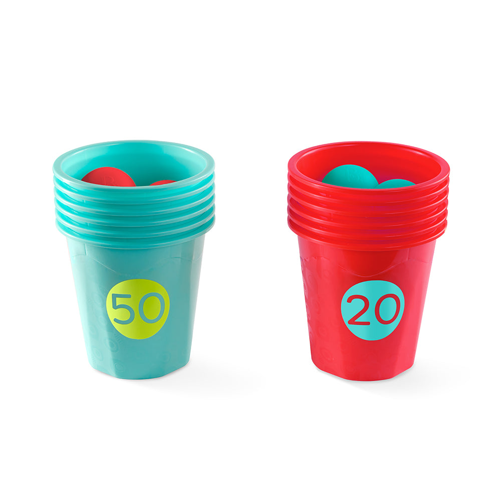 jeu de lancer seaux emboitables avec seaux bleu et rouge contenant des balles, idéal pour des activités ludiques.