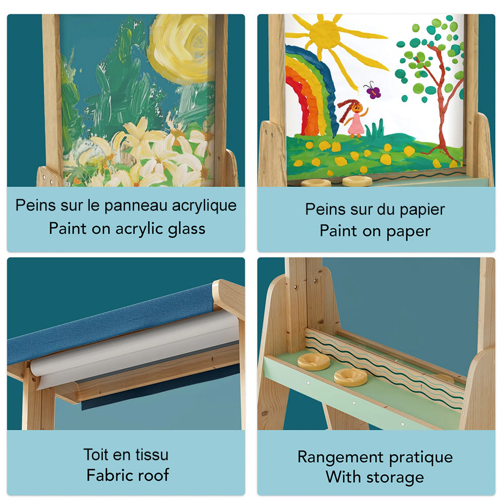 chevalet extérieur enfant Top Bright avec panneaux pour peindre sur verre et papier, toit en tissu et rangement pratique