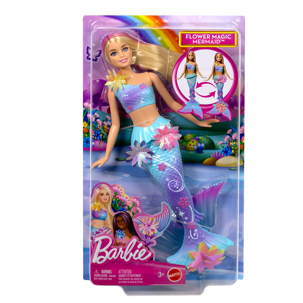 Barbie sirène magique fleurie blonde, poupée sirène avec queue brillante et motifs floraux, dans un emballage coloré.