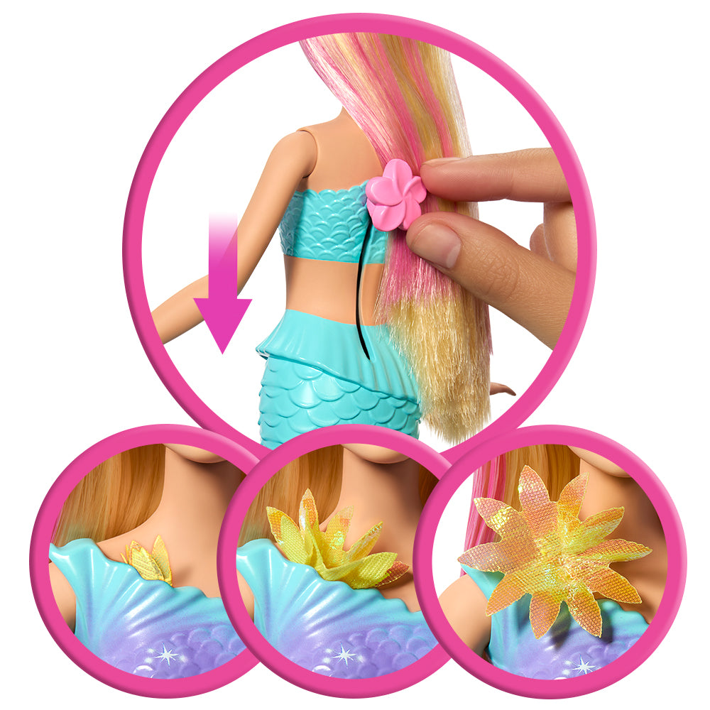 Barbie sirène magique fleurie blonde avec accessoires floraux interchangeables sur sa queue et ses cheveux.