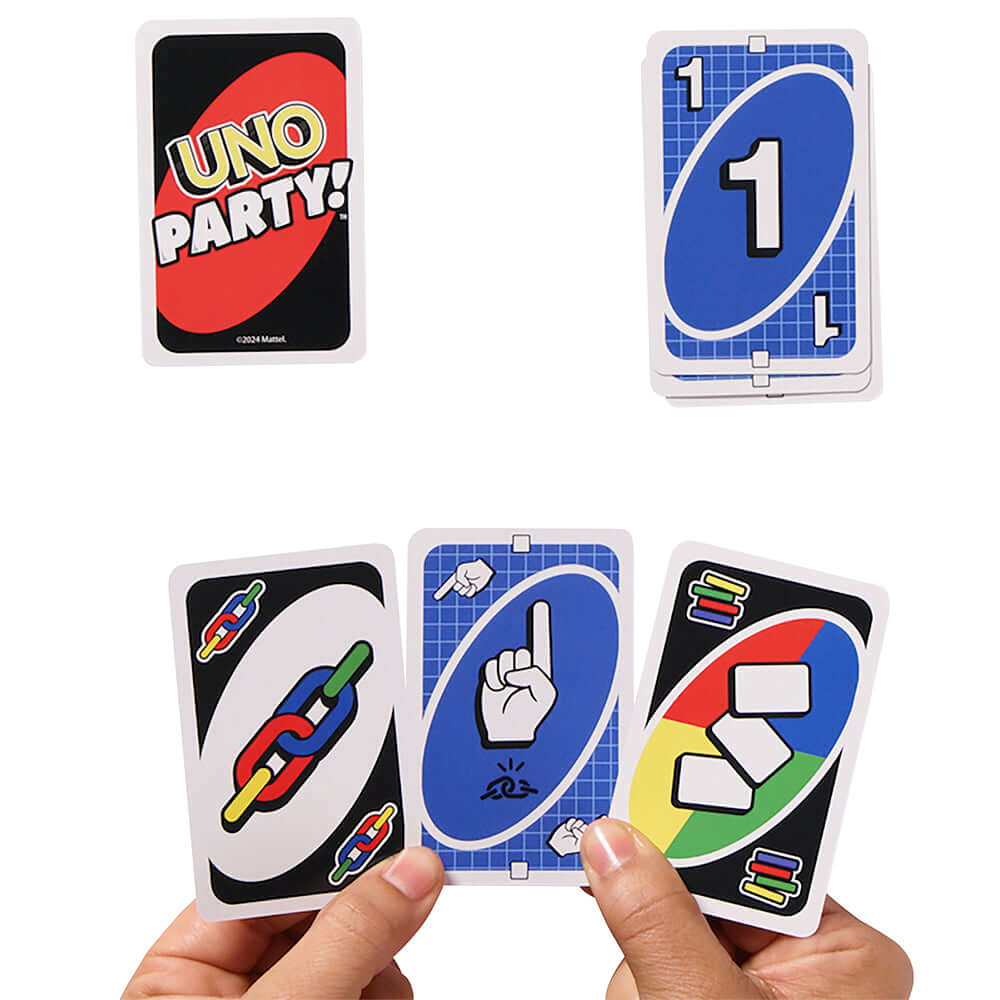 cartes du jeu de société UNO Party, incluant cartes bonus et numéros, coloré et engageant.