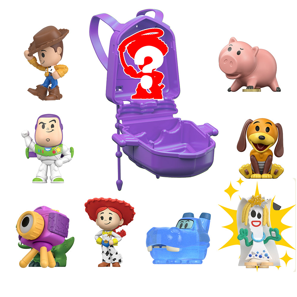 Mini figurines histoire de jouets en assortiment avec un sac violet pour enfants.