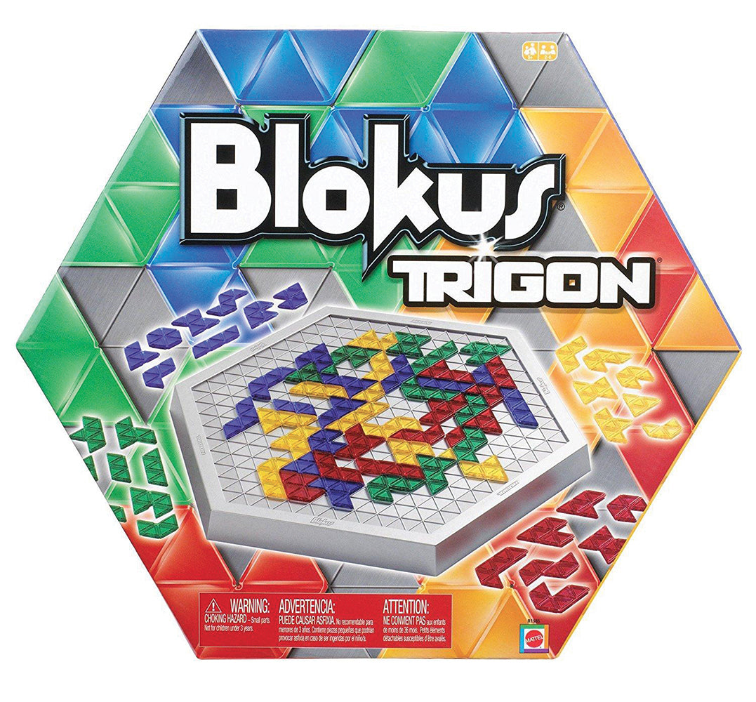 Boîte de jeu Blokus Trigon, un jeu stratégique Blokus Trigon de six côtés avec des pièces colorées.