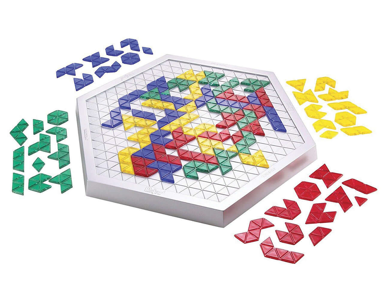 Jeu stratégique Blokus Trigon avec plateau hexagonal et pièces colorées en rouge, vert, jaune et bleu.