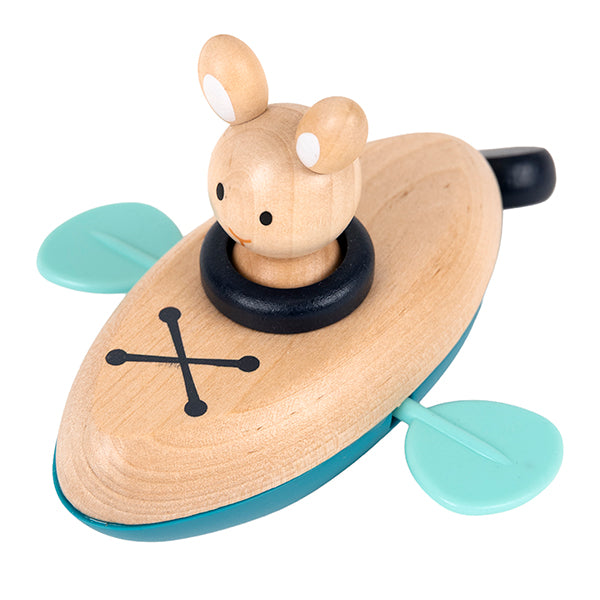 Jouet aquatique lapin canoë en bois avec mécanisme à remonter pour amusement dans l'eau.