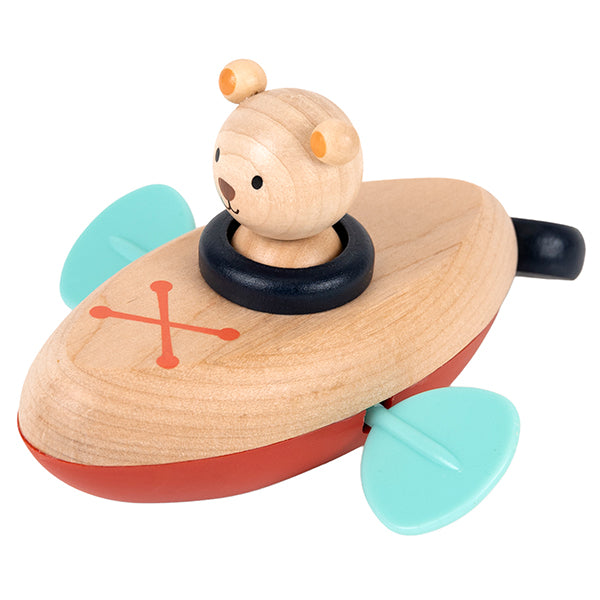 Jouet aquatique ourson canoë en bois avec pagayage automatique pour enfants.