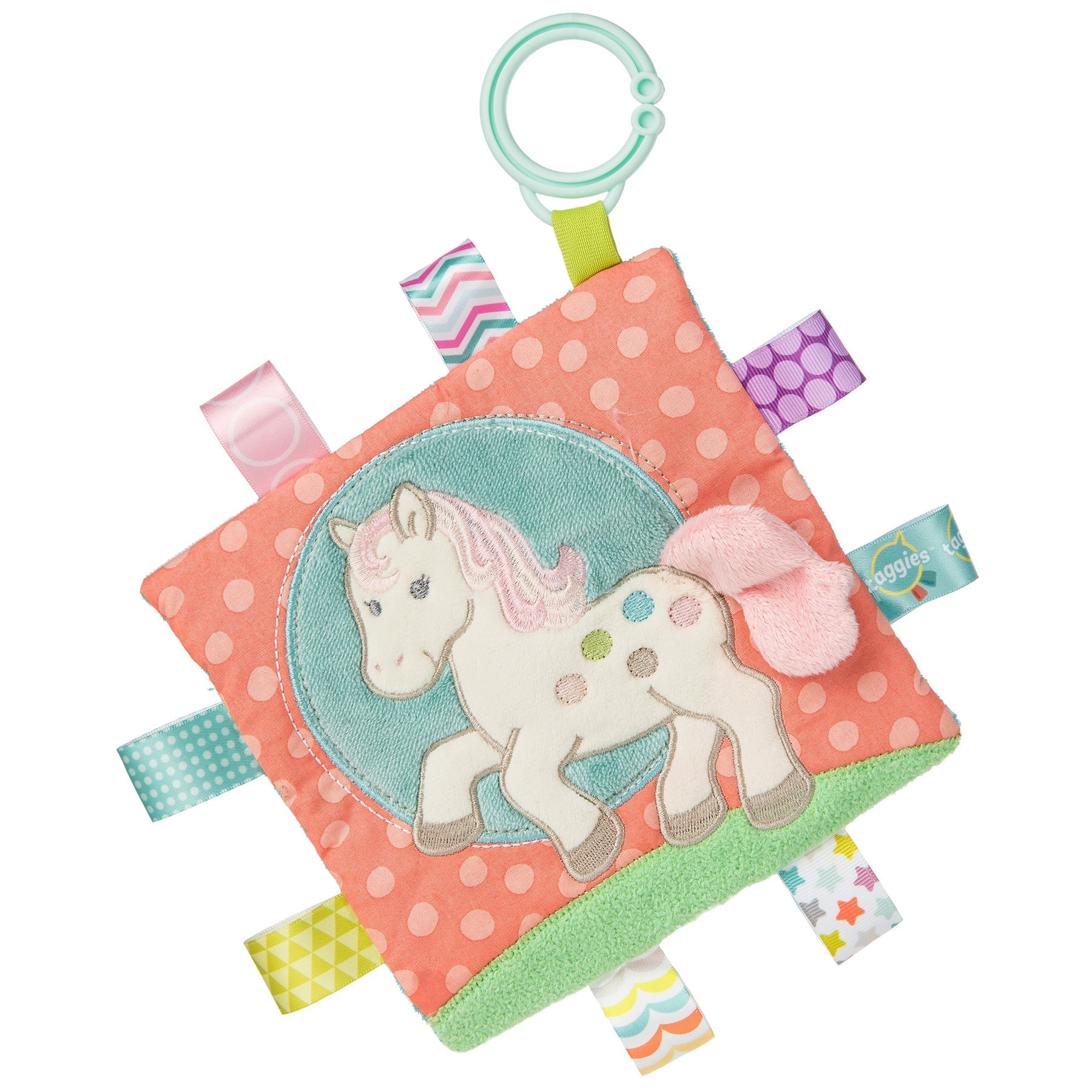 jouet d'éveil Taggies Poney Peinturé avec étiquettes colorées et motif de poney.