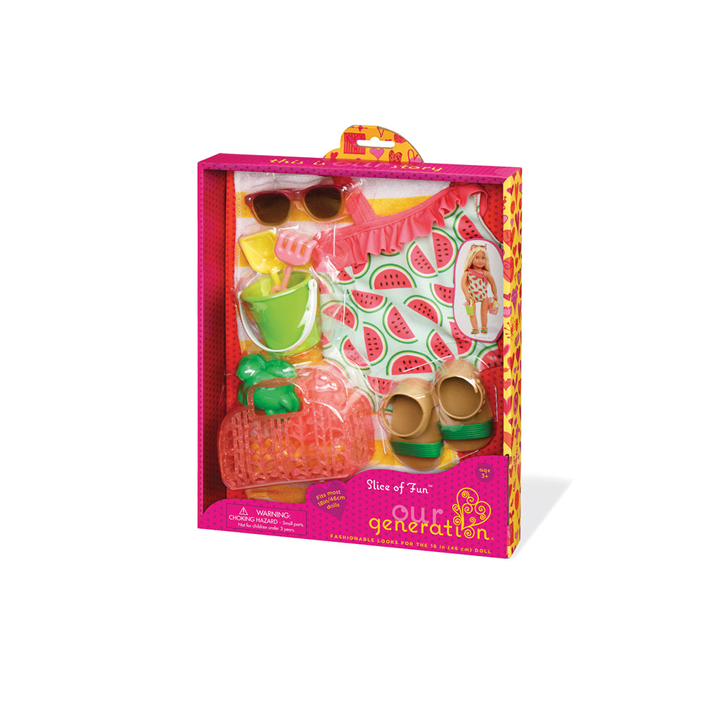 Maillot de bain poupée Our Generation "Slice of Fun" avec accessoires pour compléter l'ensemble plage.
