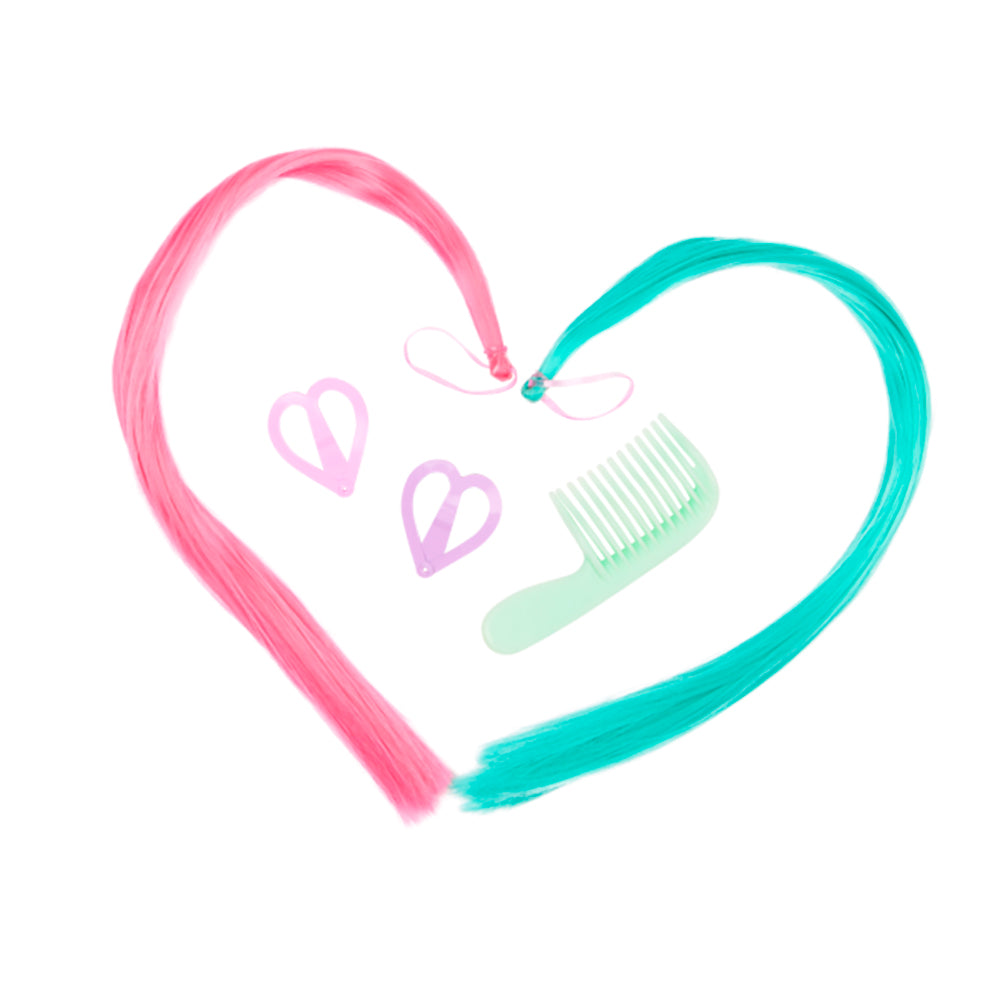 Accessoires colorés pour poupée Tessie 46 cm cheveux arc-en-ciel, incluant peigne et élastiques en forme de cœur.