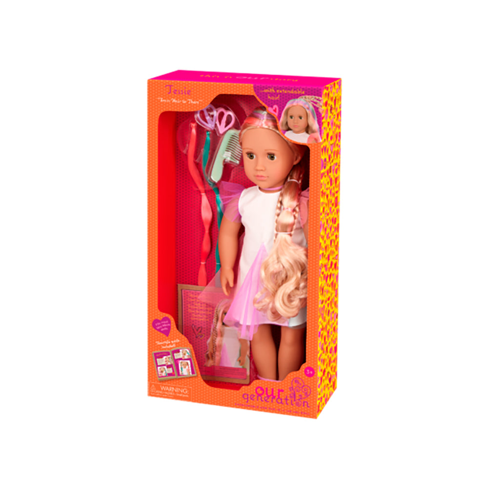 Poupée Tessie 46 cm cheveux arc-en-ciel dans sa boîte avec accessoires de coiffure.