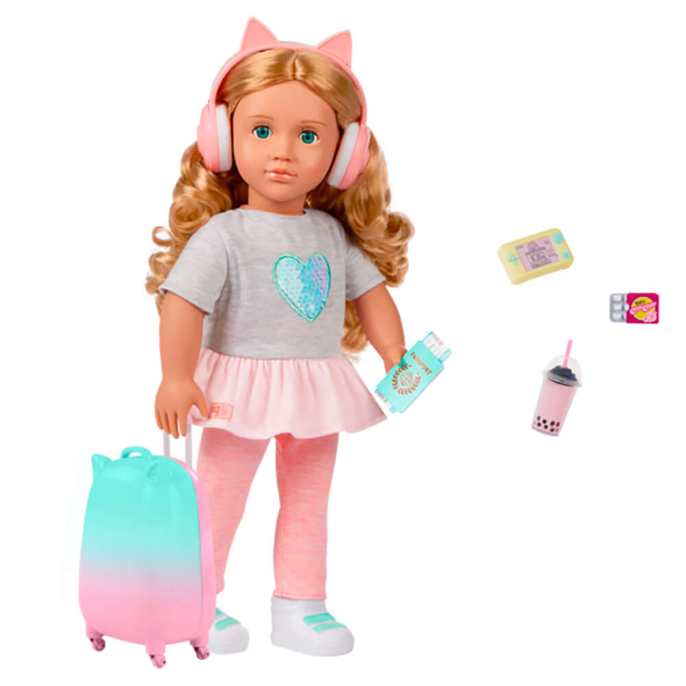 Poupée Linzi Our Generation de 46 cm avec écouteurs, valise, et accessoires de voyage.