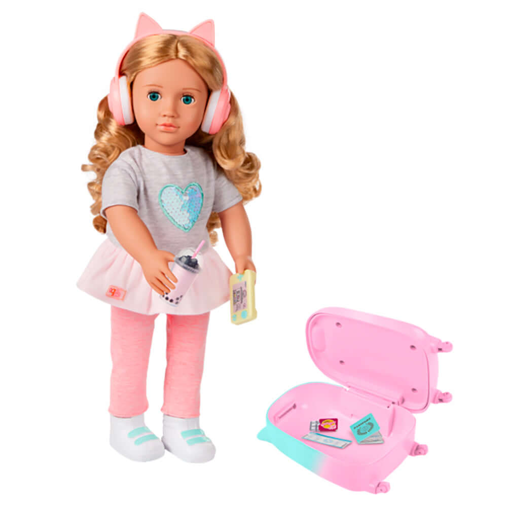 Poupée Linzi Our Generation de 46 cm avec valise de voyage et accessoires, prête pour des aventures imaginatives.