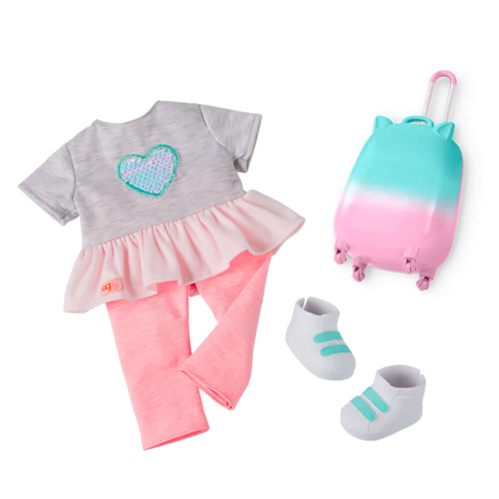 Ensemble de vêtements pour poupée Linzi Our Generation avec valise, t-shirt, leggings et chaussures.