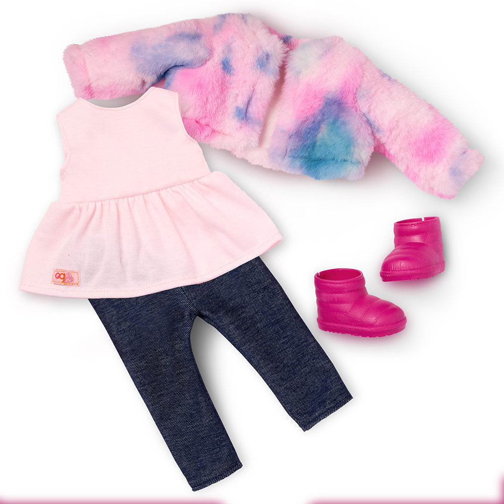 Vêtements pour poupée Our Generation: robe rose, legging en denim, manteau coloré et bottes roses.