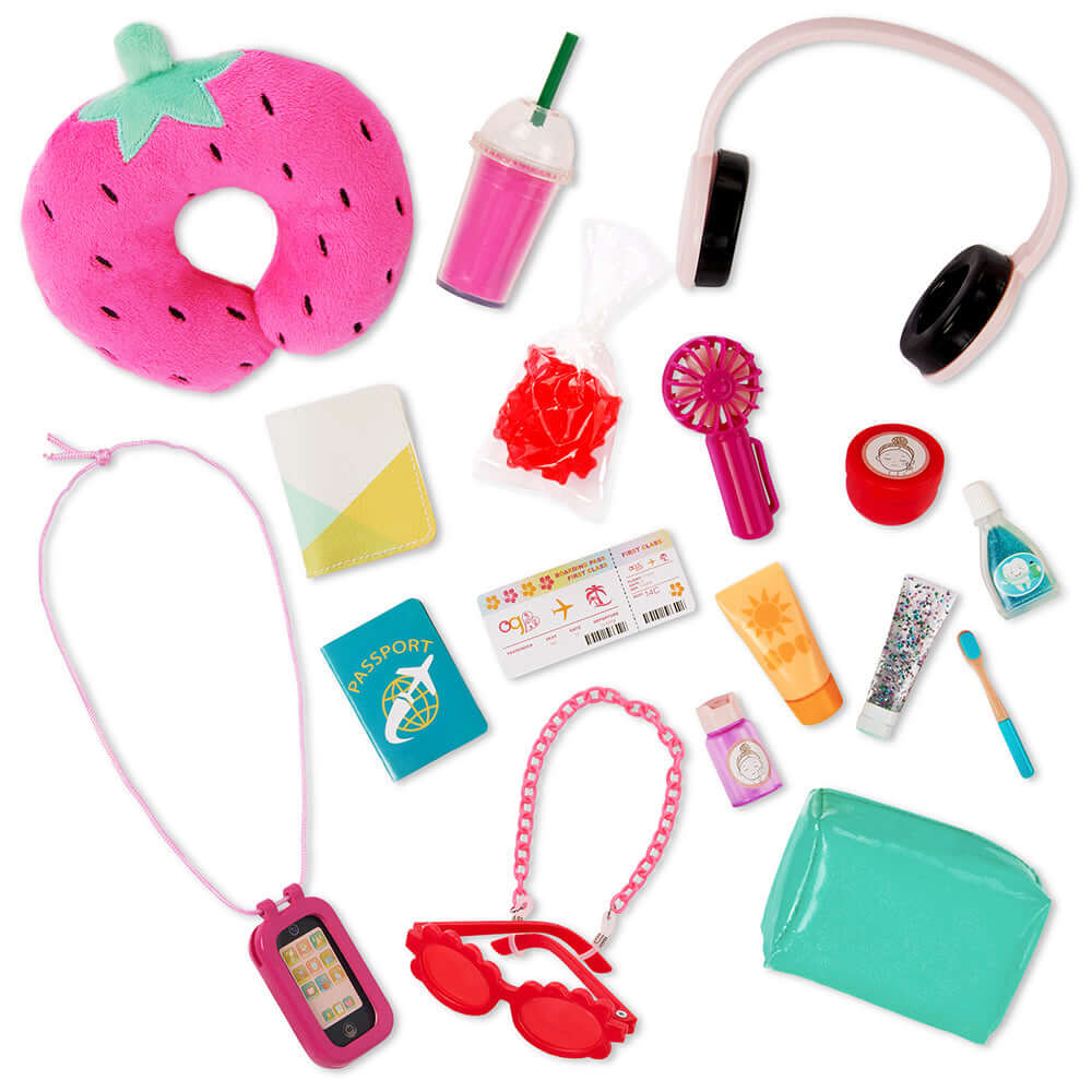 Accessoires Our Generation aventure - Éléments de voyage pour poupées avec valise et équipements ludiques.