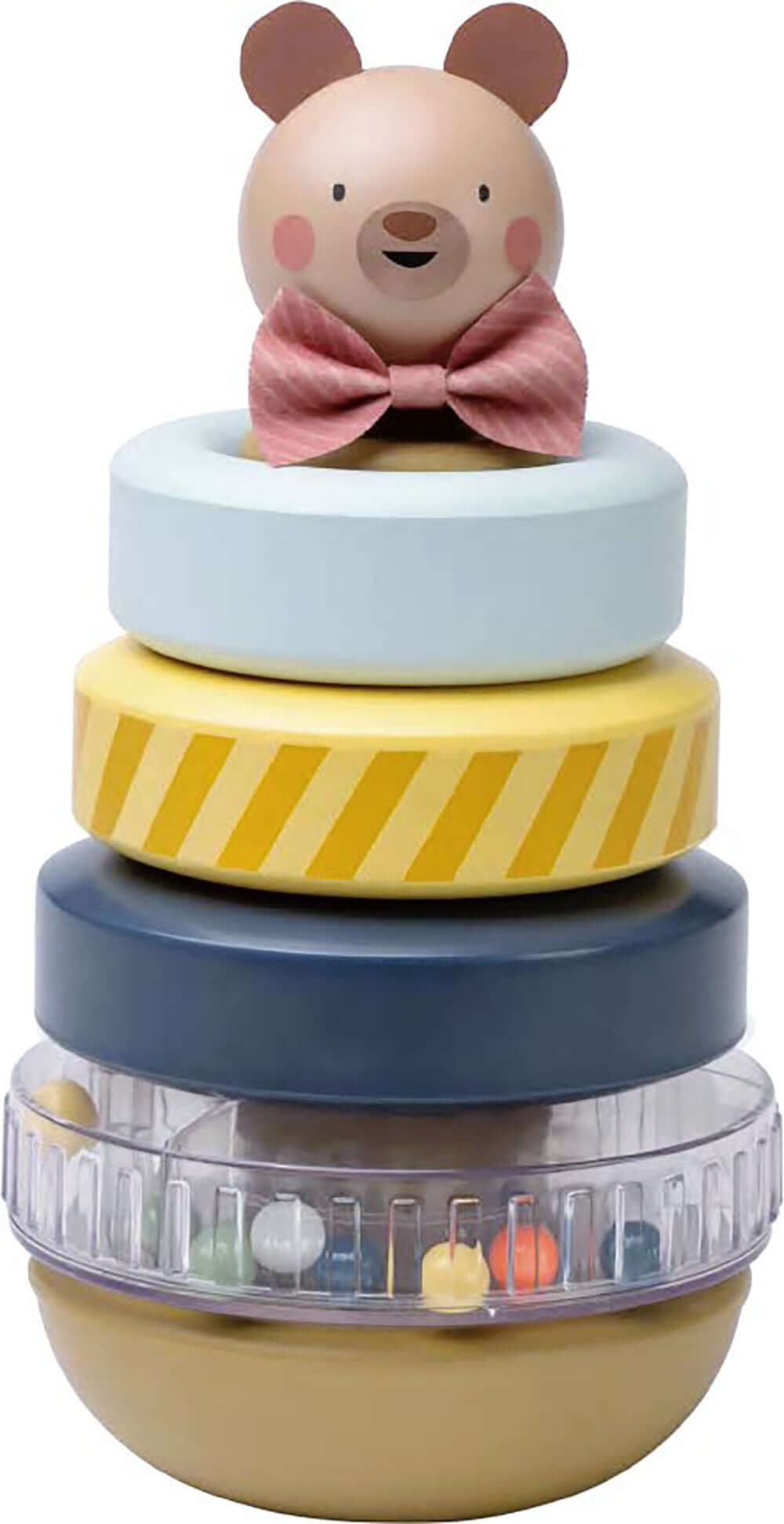 Anneaux à empiler Taf Toys colorés avec ourson en bois et bases texturées pour enfants.