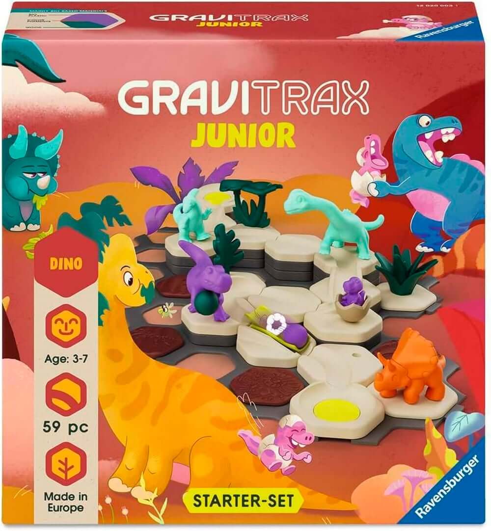GraviTrax Junior dinosaure starter set avec dinosaures colorés et pièces de construction ludiques pour enfants.