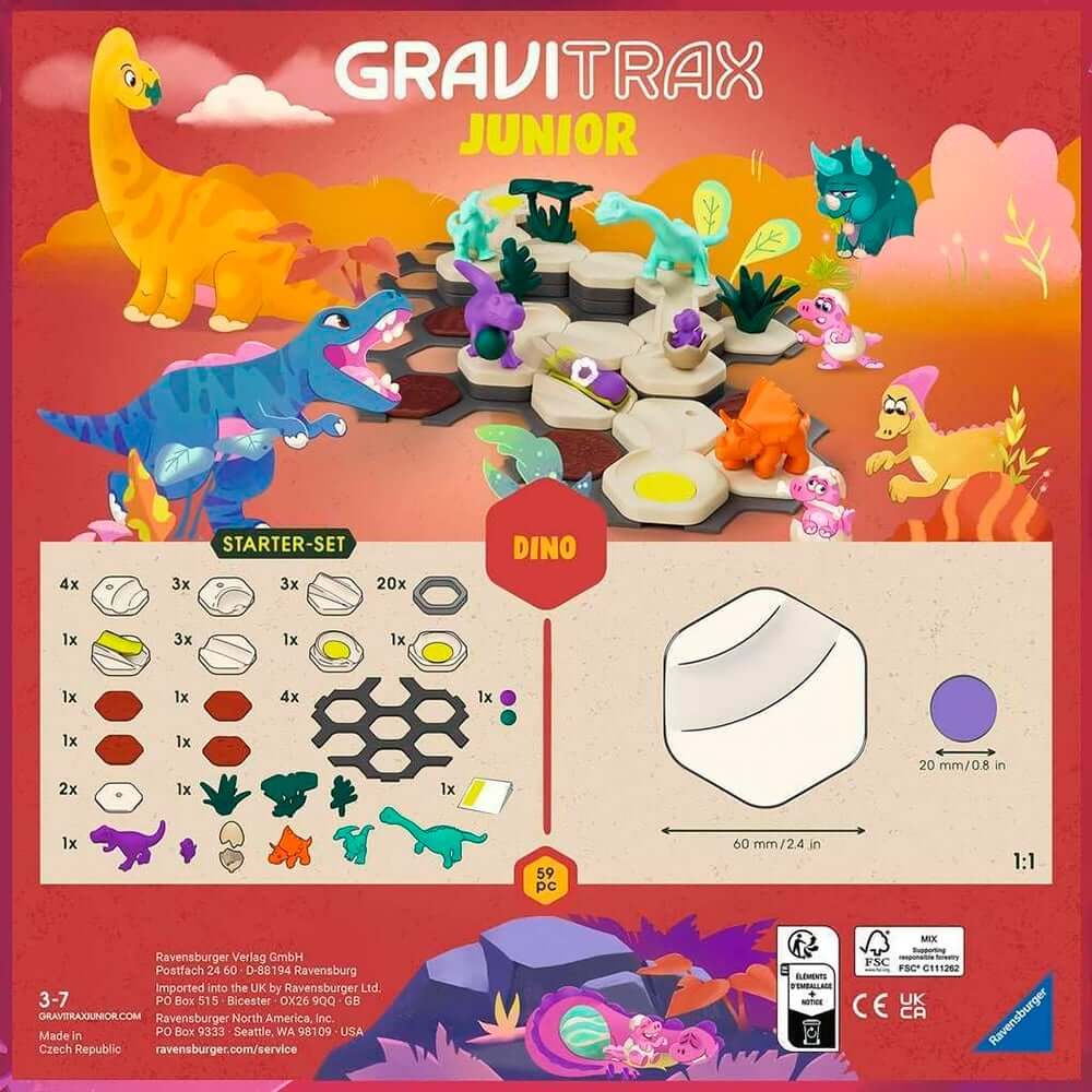 GraviTrax Junior dinosaure starter set avec des dinosaures colorés et des éléments de jeu sur un fond vibrant.