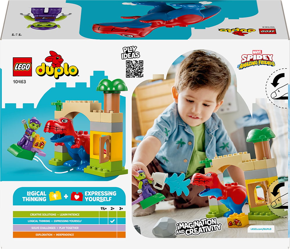 Jeune enfant jouant avec le Lego Duplo Spidey-Rex contre le Bouffon vert, mettant en avant l'imagination et la créativité.