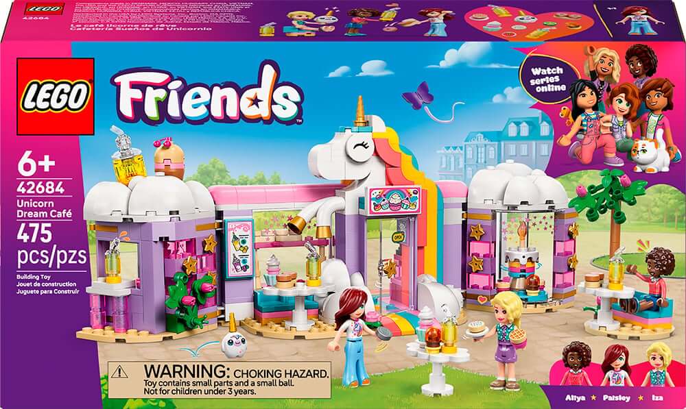 café licorne LEGO avec les personnages et les bâtiments colorés de LEGO Friends dans un cadre en plein air.