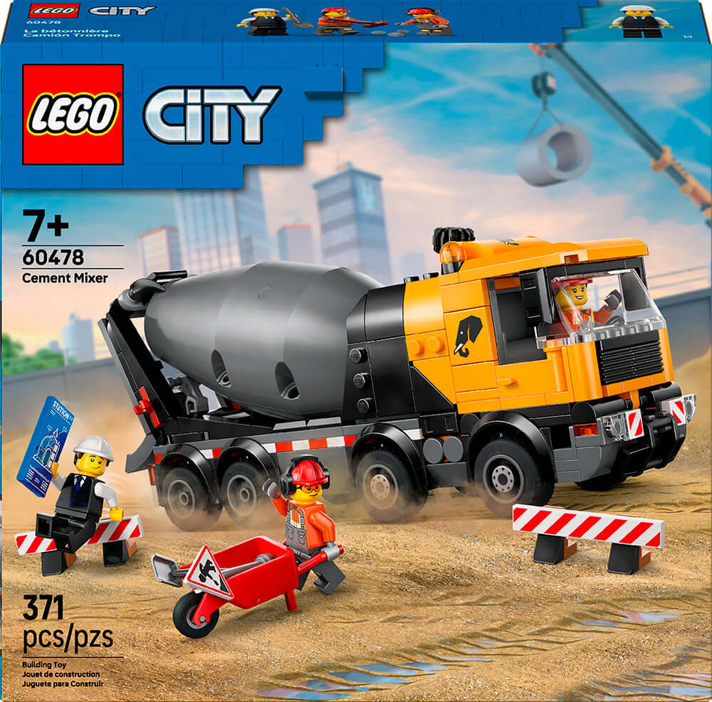 Camion bétonnière LEGO City 60478 avec figurines et accessoires sur un chantier de construction.