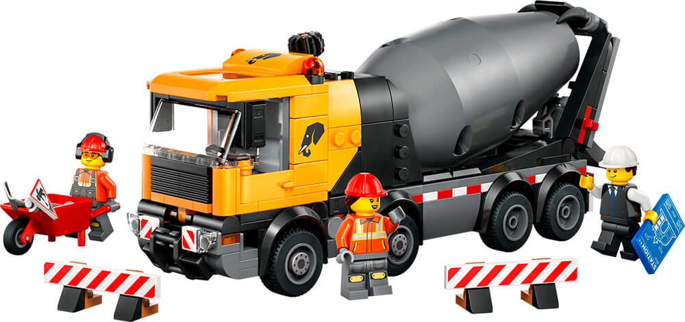 camion bétonnière LEGO City 60478 avec figurines et accessoires sur un chantier.