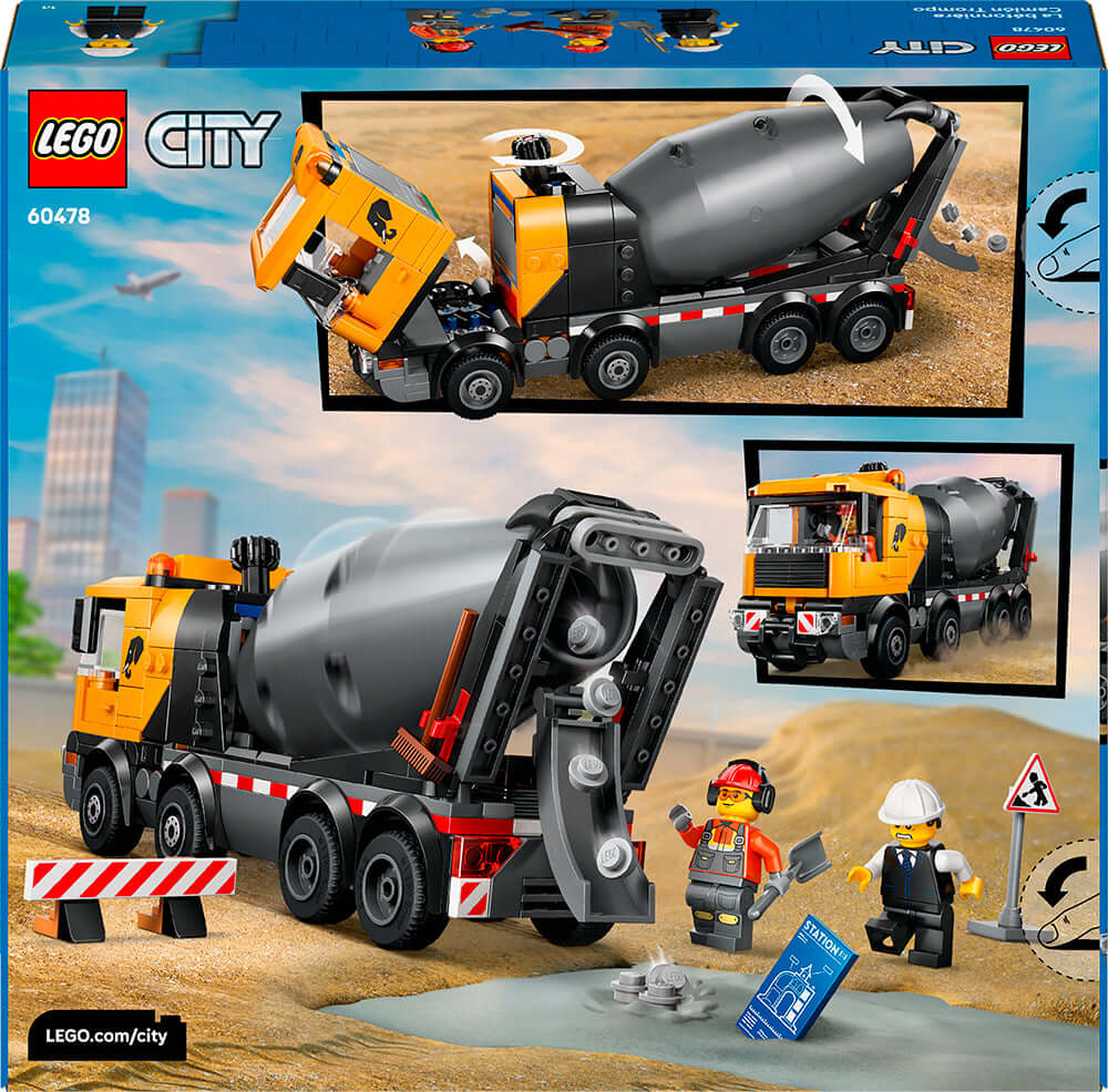 camion bétonnière LEGO City 60478 avec figurines et accessoires sur une scène de chantier.