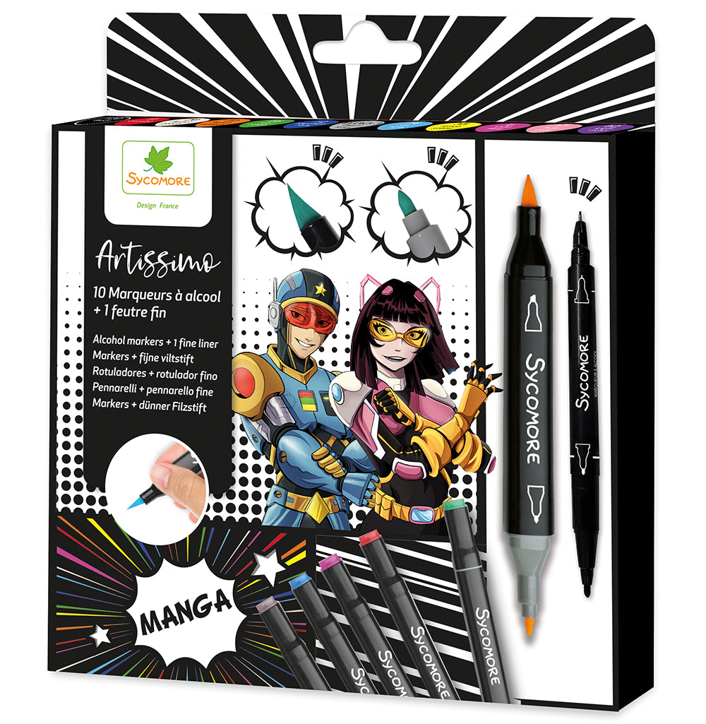 Artissimo - 10 Manga Dual-Tip Alcohol Markers + 1 Fine-Tip Pen