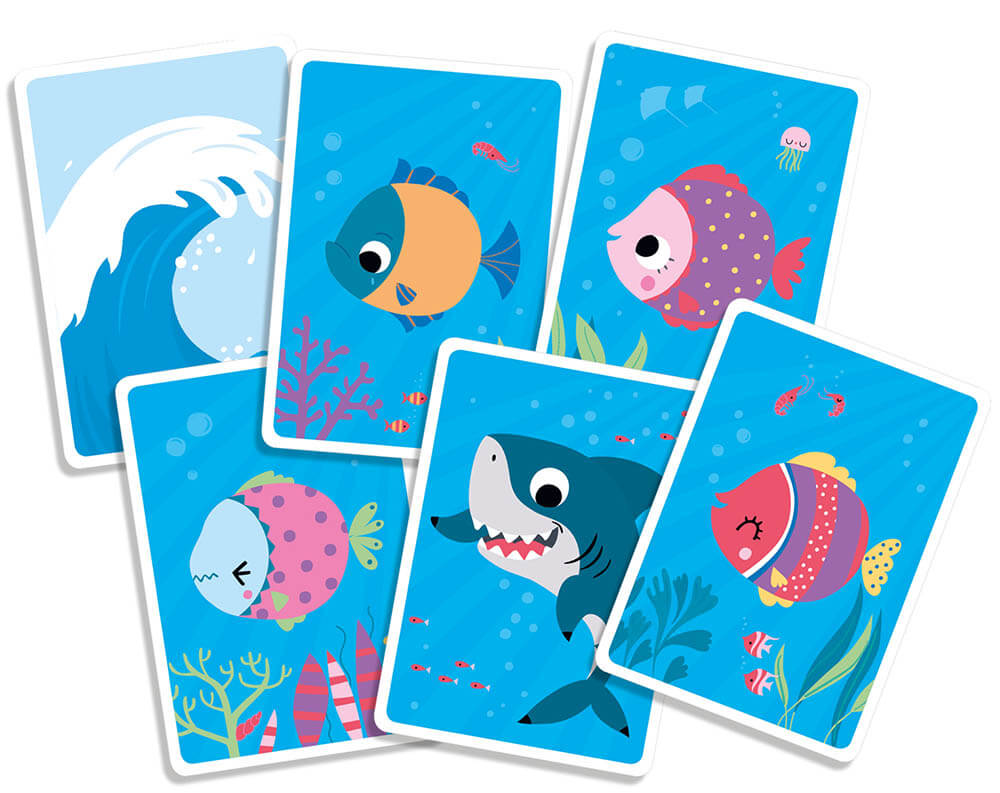 Cartes de jeu de cartes requin illustrant des poissons colorés et un requin dans un décor sous-marin.