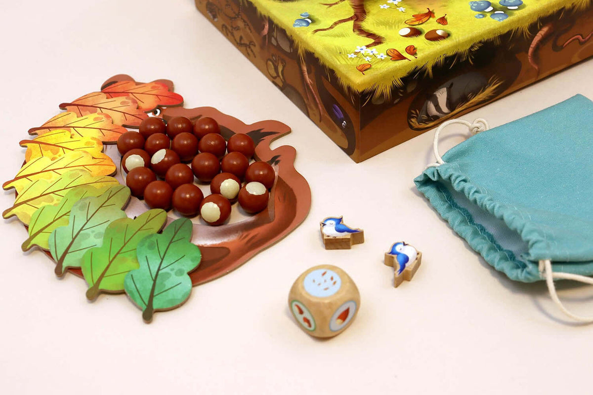jeu d'adresse écureuils noisettes - éléments du jeu avec noisettes, feuilles, dés et accessoire inclus