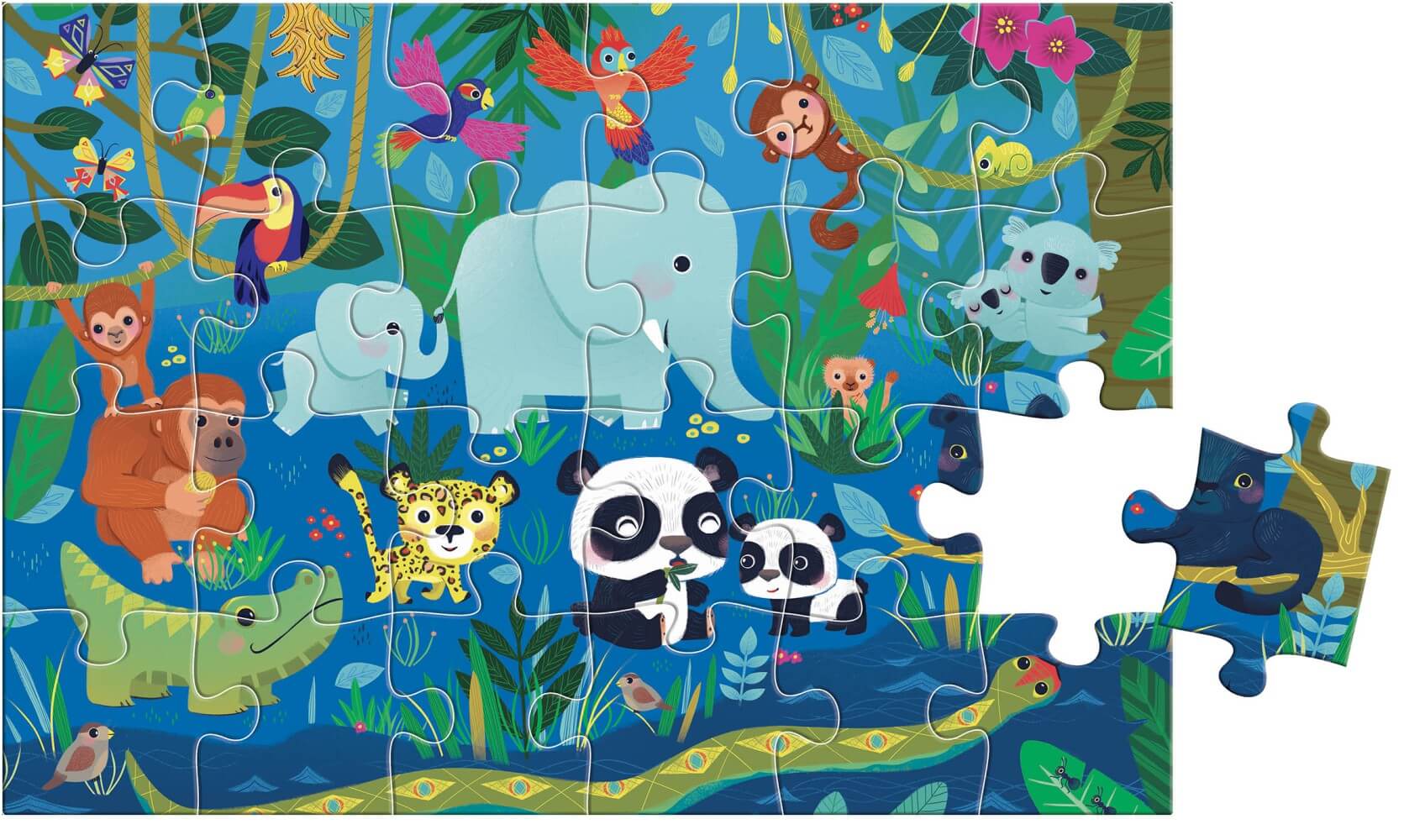 Puzzle animaux tout-petits représentant des animaux colorés dans un décor de jungle avec 20 pièces.