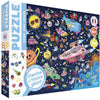 Puzzle cherche et trouve espace avec illustrations colorées d'astronautes, vaisseaux et planètes, pour enfants dès 6 ans.