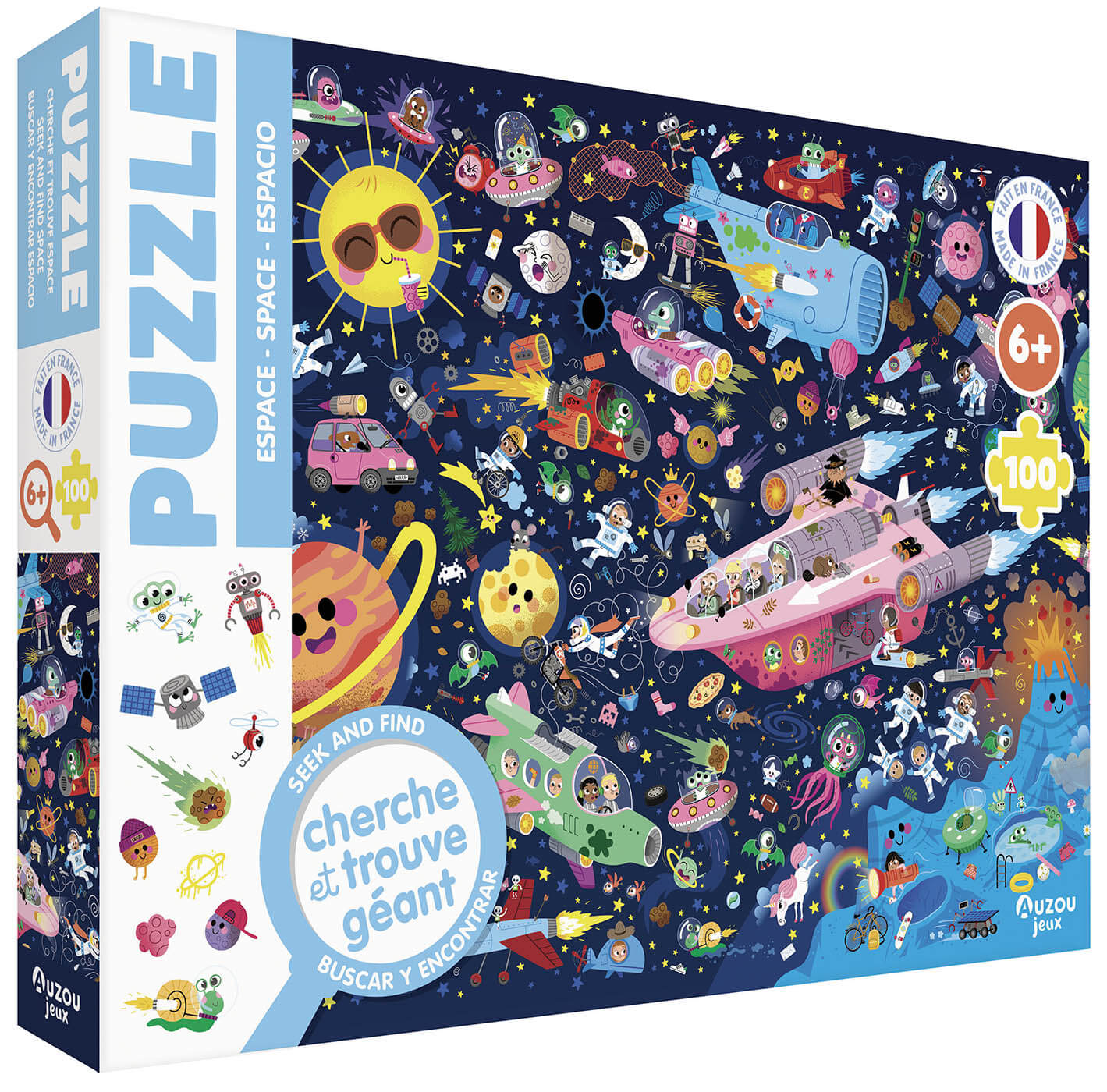 Puzzle cherche et trouve espace avec illustrations colorées d'astronautes, vaisseaux et planètes, pour enfants dès 6 ans.