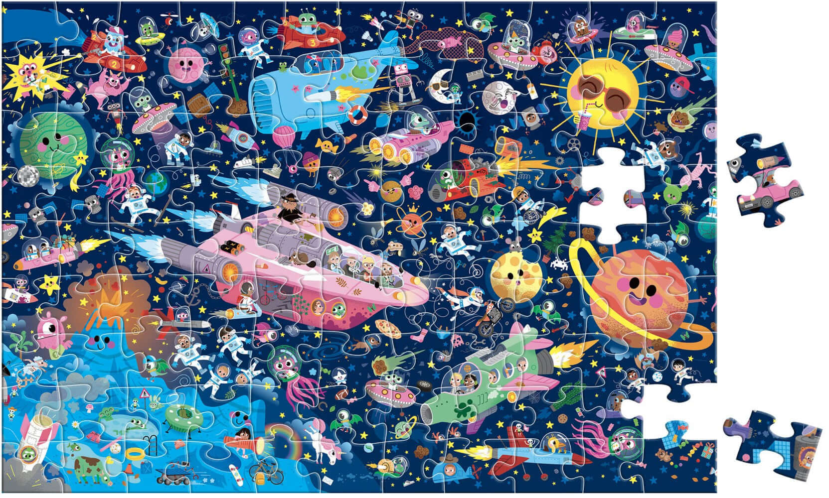 Puzzle cherche et trouve - dans l’espace, illustrant une scène colorée et amusante de l'univers.