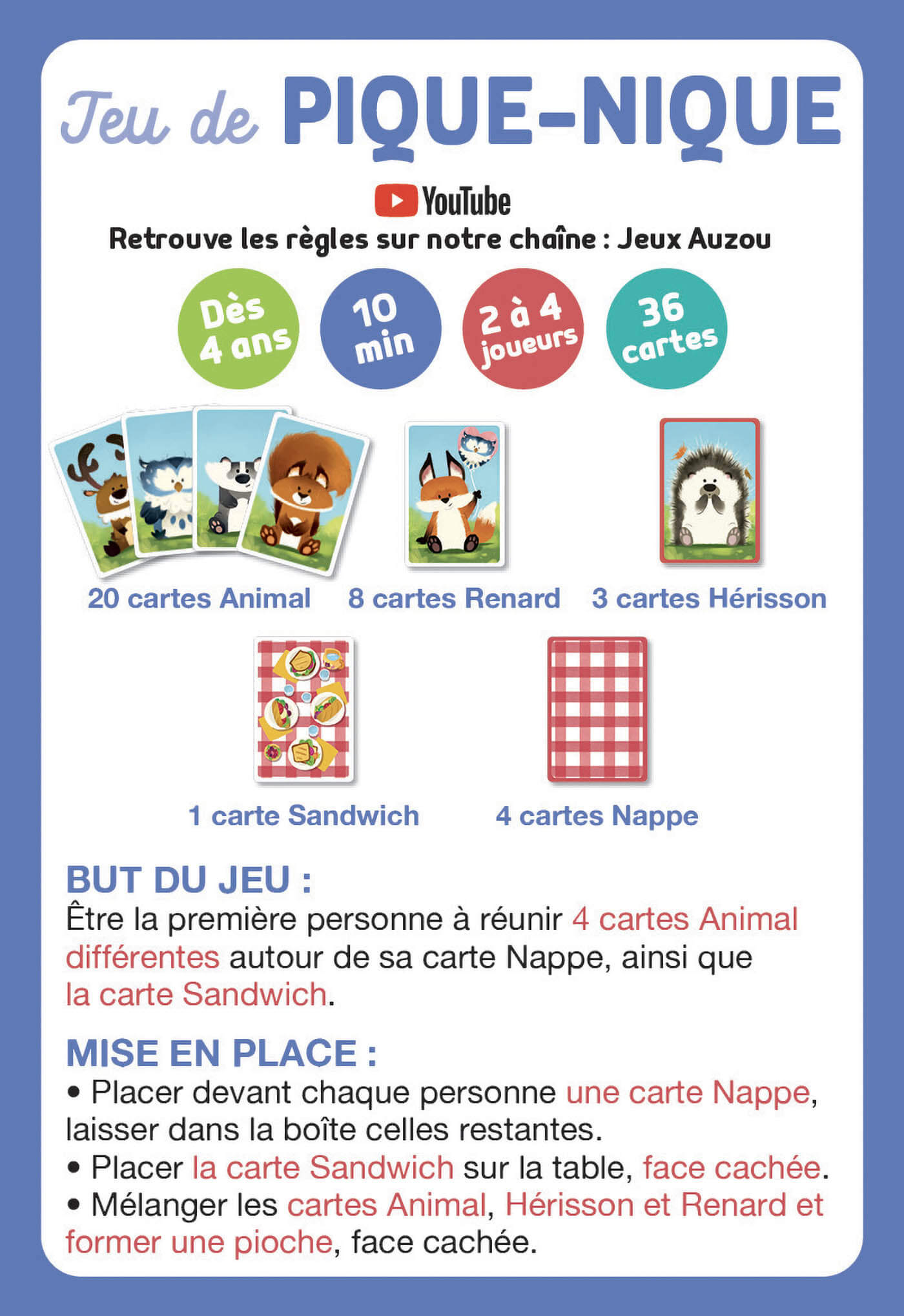 jeu de cartes pique-nique avec les règles du jeu et les types de cartes présentées.